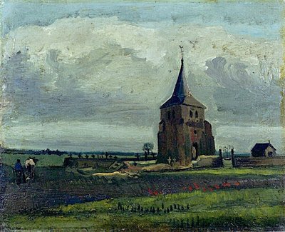 Der alte Friedhofsturm in Nuenen mit pflügenden Bauern von Vincent van Gogh